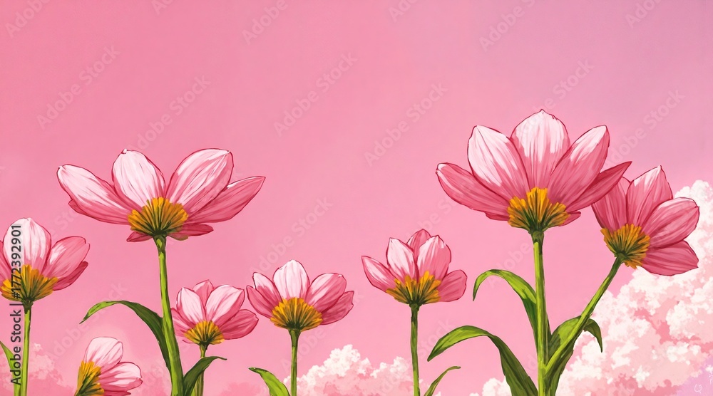 Fototapeta premium A vibrant painting of pink flowers with yellow-tipped petals against a soft pastel background, featuring blooming and budding blooms on slender green stems.