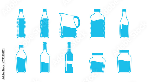 A set of blue colored water bottle icons in solid style. Vector illustration on a transparent background.