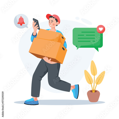 Illustration of a delivery boy using mobile during package delivery