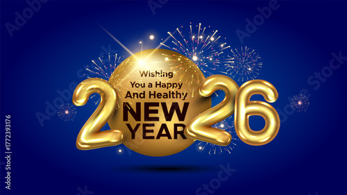 3D Golden Vector Illustration for Happy and Healthy New Year 2026 wishes card background.
