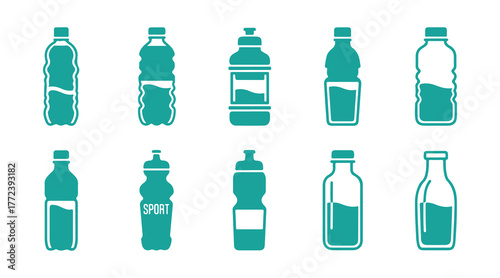 A set of green colored water bottle icons in solid style. Vector illustration on a transparent background.