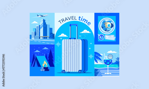 Infographic: A diverse travel concept. A large suitcase in the center features images of towering metropolises, jungle camping, local cuisine, and tropical beach vacations. A vibrant design in cool bl