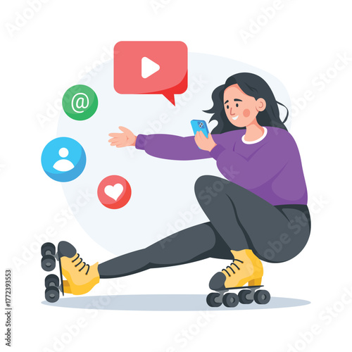 Creatively designed illustration of woman using mobile during roller skating