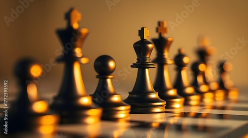 Black Chess King in Focus on Golden Lit Board with Bokeh Background
