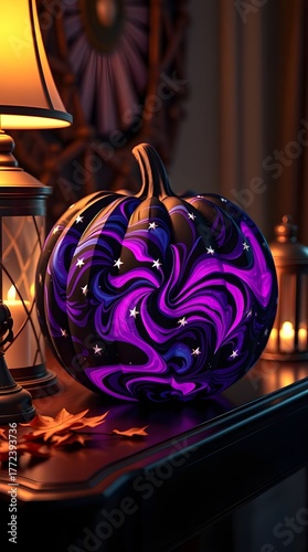 Galaxy Painted Pumpkin with Purple Swirls and Stars in Candlelit Room