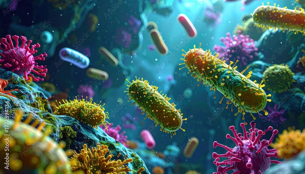 Naklejka premium Microscopic view of colorful bacteria and other organic particles