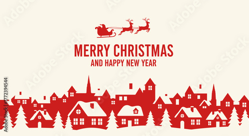A festive Christmas and New Year illustration showcasing Santa's sleigh flying over a charming village scene, evoking holiday cheer and seasonal greetings.