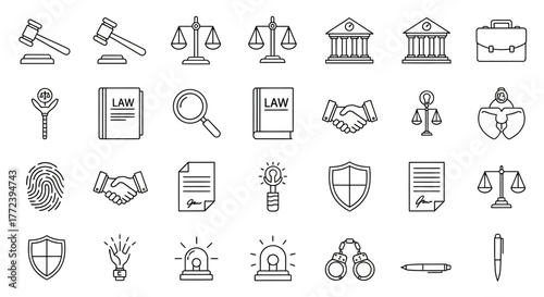 A collection of clean line art icons representing legal symbols and concepts