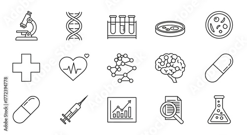 Collection of medical and scientific icons, line art, representing research and health
