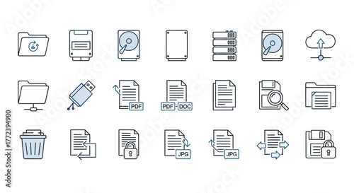 Icons representing digital storage and file management concepts
