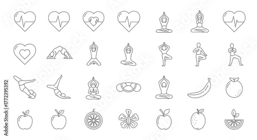 Diverse line art icons of healthy living yoga poses, hearts, fruits, and nature elements