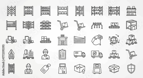 Collection of line-art icons depicting warehouse and logistics elements