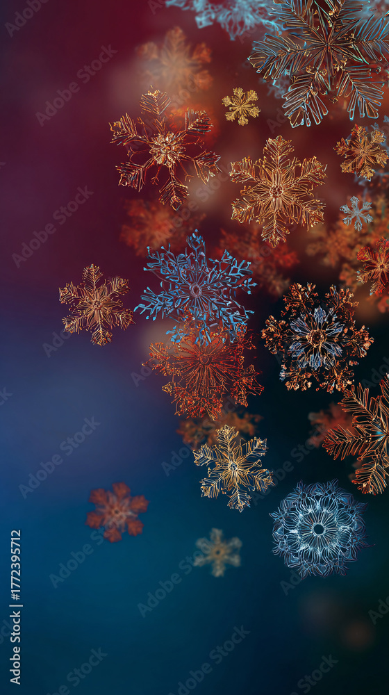 Fototapeta premium Falling gold and blue snowflakes creating a vibrant festive winter holiday background
