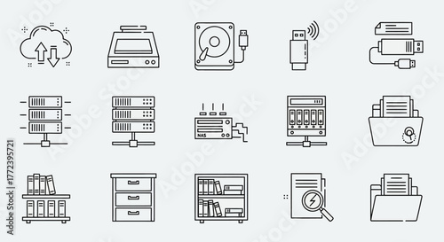Collection of icons illustrating data storage, servers, and file management