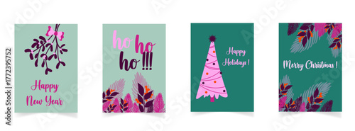 Ensemble de cartes de Noël modernes avec lettrage et ornements festifs sur  fond vert et rose. illustration vectorielles à imprimer ou modifier pour communication web