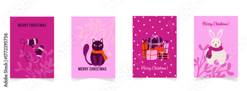 Cartes de Noel originales avec des animaux personnifiés et autre éléments décoratifs comme des cadeaux et des moufles. Illustrations vectorielles parfait pour les créations graphiques de fins d'années