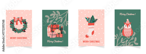 Ensemble de cartes de Noël avec cadeaux, botte de Noel, couronne et autres éléments festifs. Illustrations vectorielles pou supports marketing et bannière web