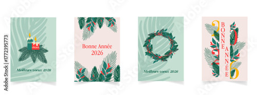 Cartes de vœux 2026 professionnelles pour les fêtes de fin d'année. Modèles artistiques et créatifs avec branchages, sapin, couronne, cadres et fonds floraux ornementaux.

