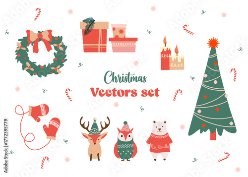 Ensemble d'éléments vectoriels de Noel pour tous vos supports communication de l'hiver : sapin, cadeaux, animaux au ski, moufles, couronne, bougie, sucre d'orge,...