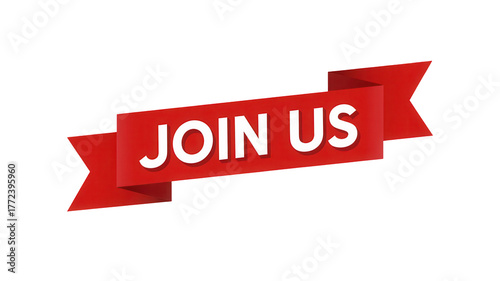 Red ribbon banner with bold white text announcing join us isolated on transparent background