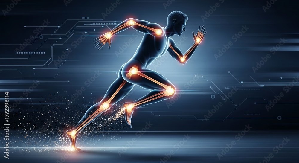 Fototapeta premium Silhouette of a runner with glowing joints and muscles, showcasing athletic performance and the future of sports science and biomechanics.jpeg
