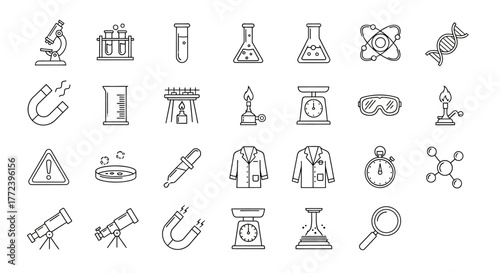 Monochrome icons illustrating scientific tools and elements, isolated against a white background, rendered as outlined shapes