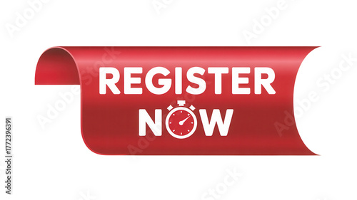 Red ribbon banner with register now text and stopwatch icon isolated on transparent background