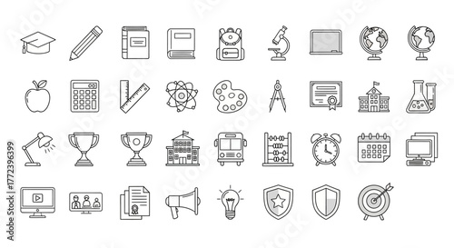 Education icons line drawing style of school and learning elements on a white background