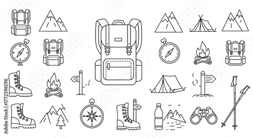 Camping gear line art icons set on white backpack, boots, tent, compass, mountains, campfire, poles, water bottle, binoculars