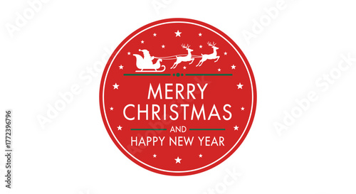 A festive red Christmas and Happy New Year sticker showcases Santa's sleigh and reindeer against a backdrop of twinkling stars, radiating holiday cheer and warmth.
