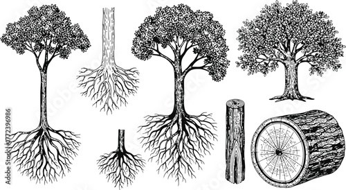 Set of tree and root silhouettes illustrating plant structures and natural elements