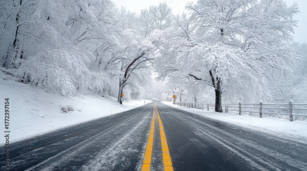 Fototapeta premium Journey Through a Winterstorm: A Snowy Road in a Serene Cold Landscape with Trees Beneath a Frosty Sky