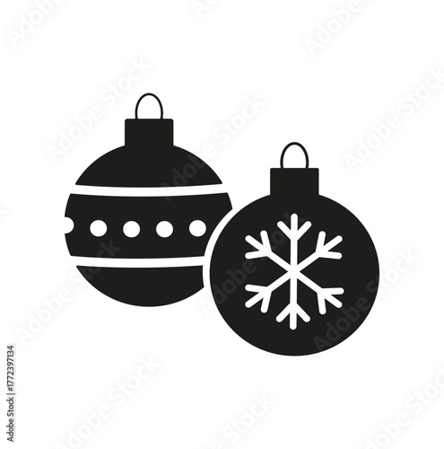 Black silhouette of two Christmas ornaments with snowflake and dots isolated on white background, minimal icon for winter holiday design