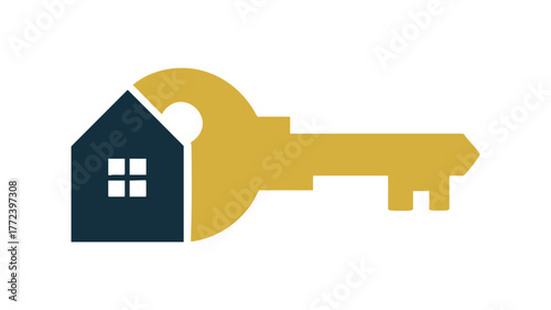 Golden key and house logo symbolizing real estate and home ownership vector