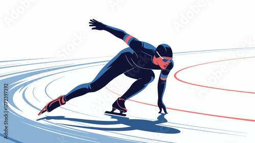 A speed skater in a dark blue suit gliding on an ice rink with motion lines and a red line visible