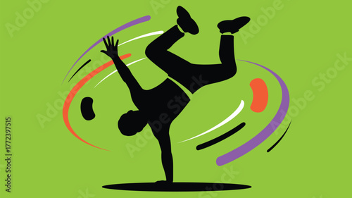 Silhouette of a person doing a handstand with colorful swirls on a light green background design art