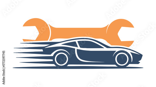 Automotive repair service logo with sports car and wrench icon dynamic speed lines vector