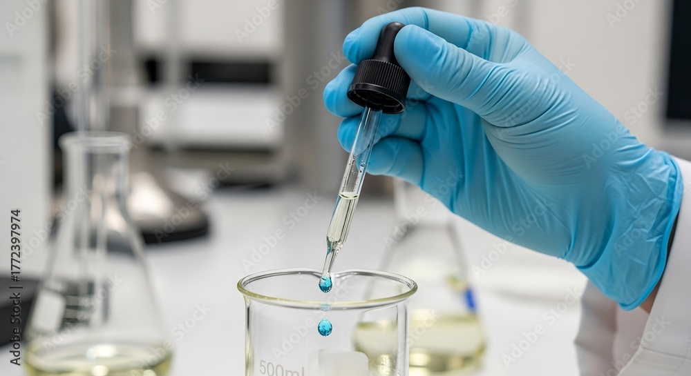 Fototapeta premium Closeup of a gloved hand holding a dropper with liquid over a beaker in a laboratory setting, scientific research concept.jpeg