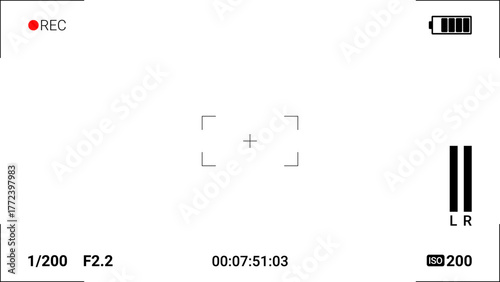 Camera recording interface with timer, focus frame and audio level indicators on white background. Modern digital viewfinder display template for video design and editing, vector UI.