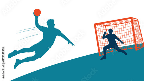 A handball player jumps to throw the ball towards the goal while the goalkeeper tries to block it