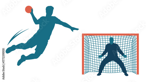 Silhouette of handball player throwing ball with goalkeeper in net on a white background design style