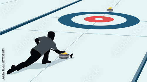 A curling player throwing a stone towards the target on the ice rink in a winter sports illustration