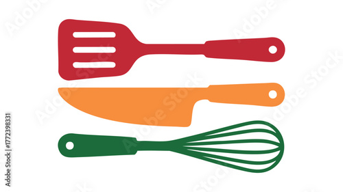 Colorful kitchen utensils spatula knife whisk set for cooking food preparation vector