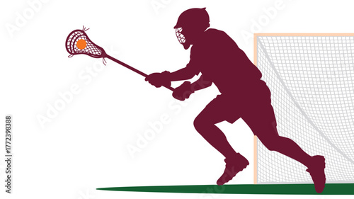 Silhouette of lacrosse player with stick and ball running towards the net on a green field area