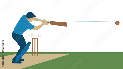 A batsman hitting a ball with a bat in a cricket game near the wickets on the cricket field area