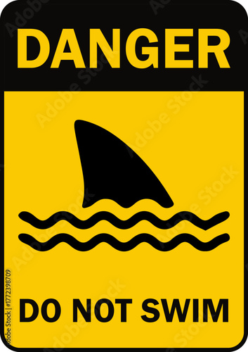 Danger Do Not Swim Sign - Shark Warning Fin Icon in Water
