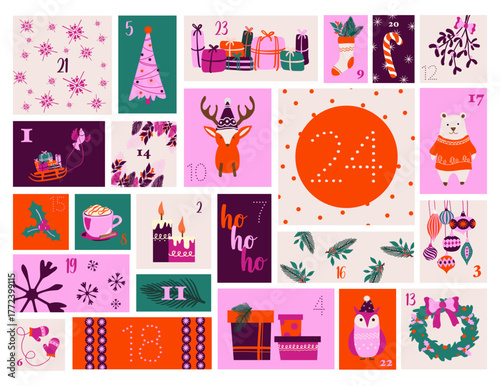 Calendrier de l'Avent pour décembre, compte à rebours avant les fêtes. Affiche Joyeux Noël, modèle imprimable avec éléments de Noël dans un style moderne et couleurs pop