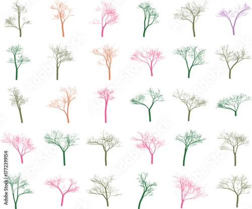 Tree Vector Set Watercolor Multicolor Botanical Illustration Collection