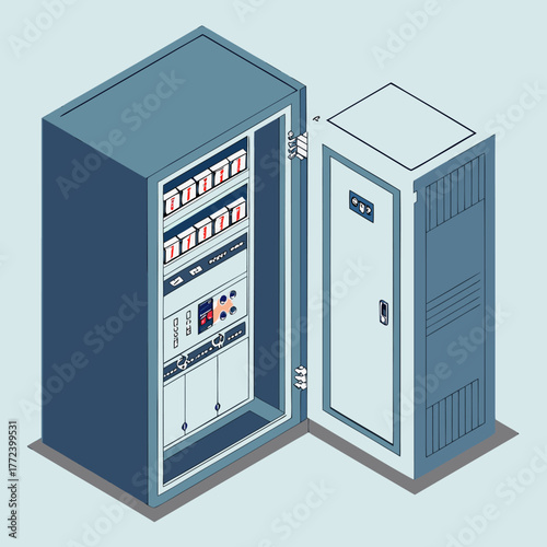 Factory automation maintenance scene showing PLC controller box service and diagnostics in a production line, isometric isolated view.