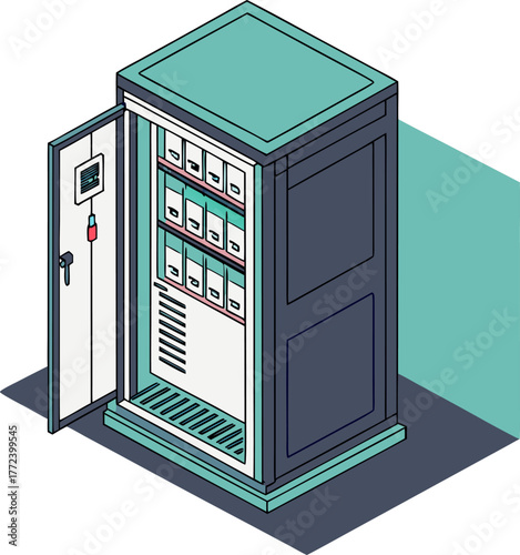 Engineer performing maintenance on a PLC controller machine system box in an industrial production line, isometric isolated illustration.